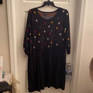 Black and Multi Star Knit to Woven Skater Dress